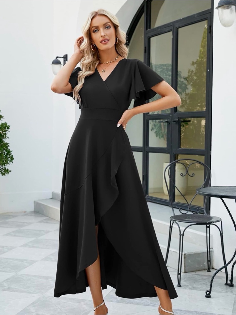 Black V-Neck High-Low Ruffle Maxi Dress - Picture 5 of 6